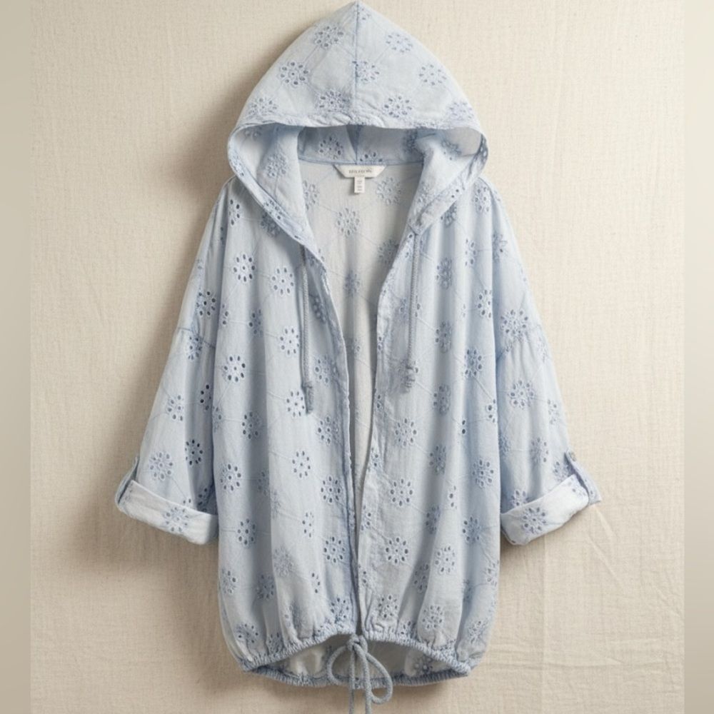 Tempo Paris Chambray Eyelet Hooded Open Front Lightweight Jacket | Small